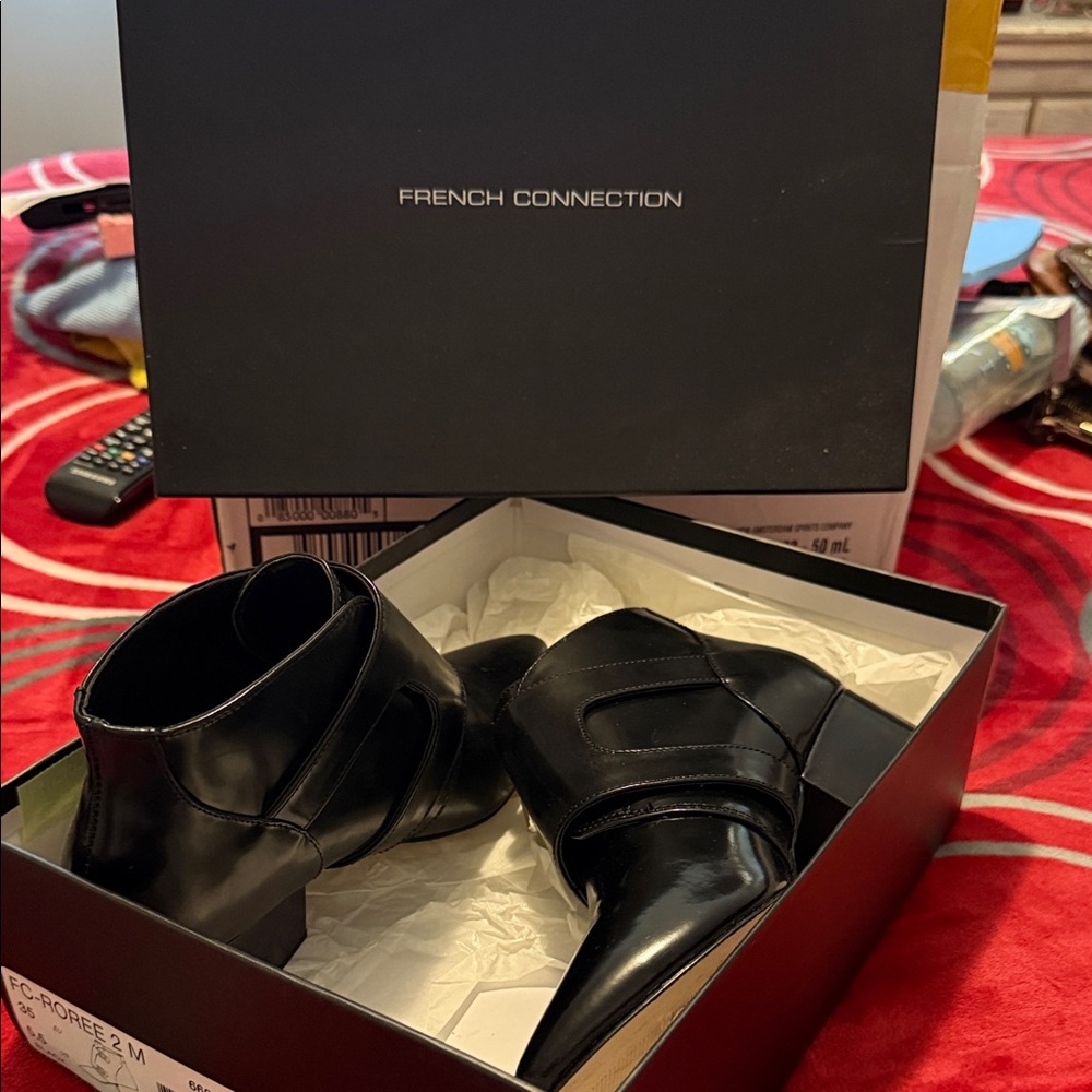 French Connection Glossy Black Ankle Boots